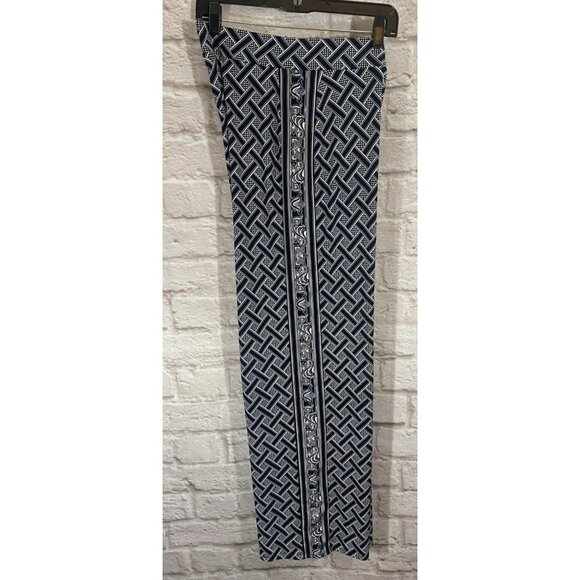 WHITE HOUSE BLACK MARKET Navy Blue White Basket Weave Pull On Wide Leg Pants M - Picture 2 of 12